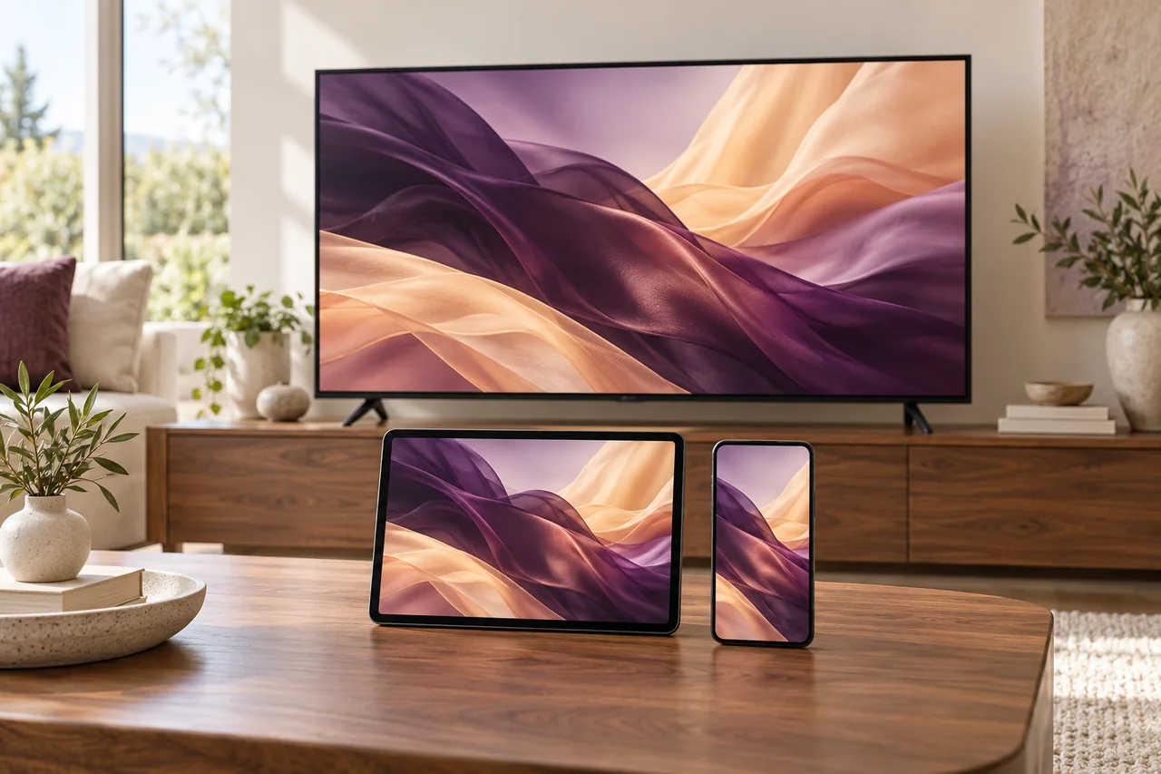 A television, tablet and phone with neutral abstract screens.