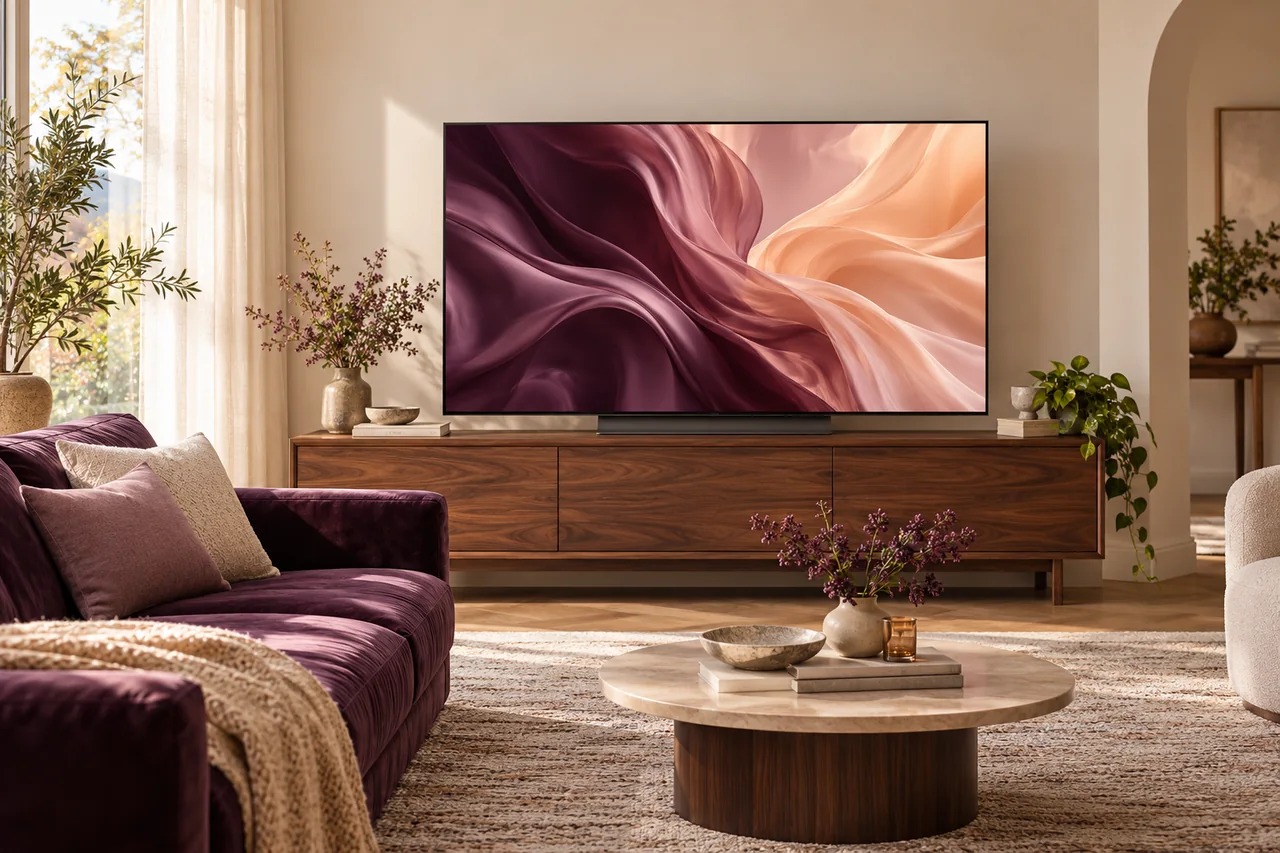 A warmly lit living room with an unbranded television showing original citrus and charcoal abstract artwork.