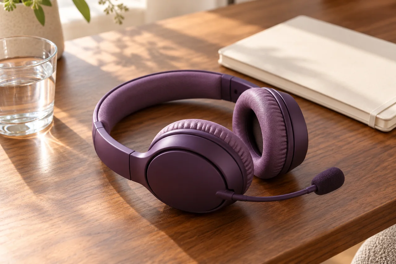 A support headset beside a notebook and a glass of water.